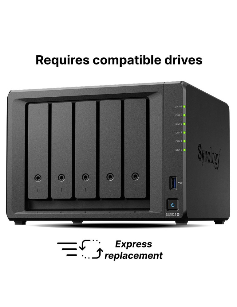 Мрежов сторидж Synology NAS DS1525 , за 5 диска, AMD Ryzen V1500B, 8GB DDR4 SODIMM