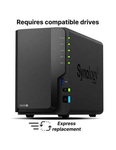 Мрежов сторидж Synology DS225 , за 2 диска, Intel Celeron J4125, 2GB DDR4 SODIMM