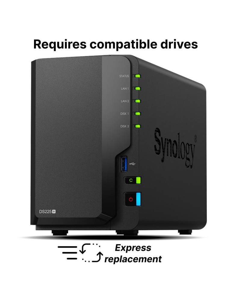 Мрежов сторидж Synology DS225 , за 2 диска, Intel Celeron J4125, 2GB DDR4 SODIMM