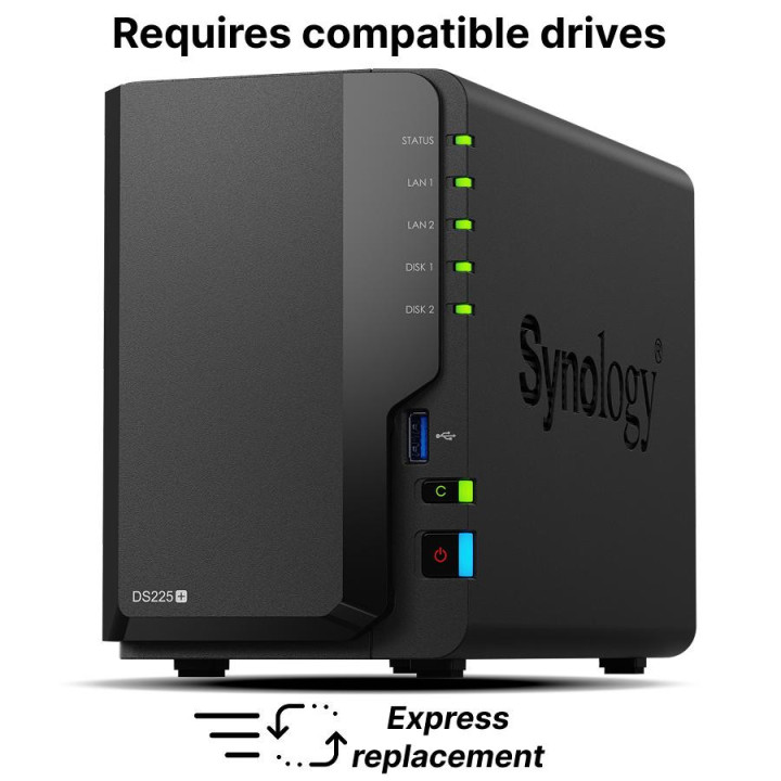 Мрежов сторидж Synology DS225 , за 2 диска, Intel Celeron J4125, 2GB DDR4 SODIMM