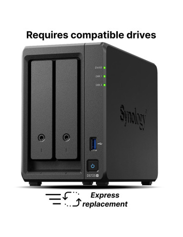 Мрежов сторидж Synology DS725 , за 2 диска 3.5"/2.5", 2 x M.2 NVMe NAS
