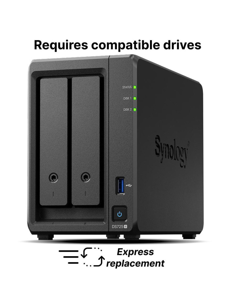 Мрежов сторидж Synology DS725 , за 2 диска 3.5"/2.5", 2 x M.2 NVMe NAS
