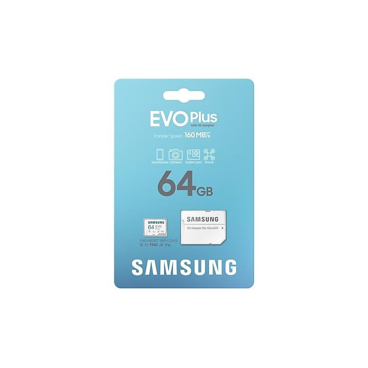 SD карта Samsung EVO Plus, microSDXC, UHS-I, 64GB, Адаптер - MB-MC64SA/EU