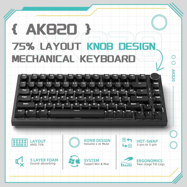Геймърска механична клавиатура Ajazz AK820 - Red Switches [Linear] (English US), Black, White Backlight - AJ-AK820-RS-BK