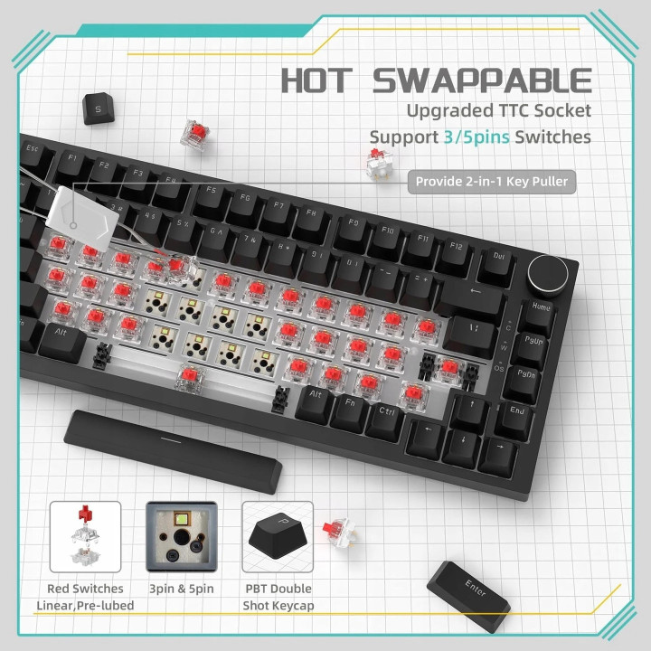 Геймърска механична клавиатура Ajazz AK820 - Red Switches [Linear] (English US), Black, White Backlight - AJ-AK820-RS-BK