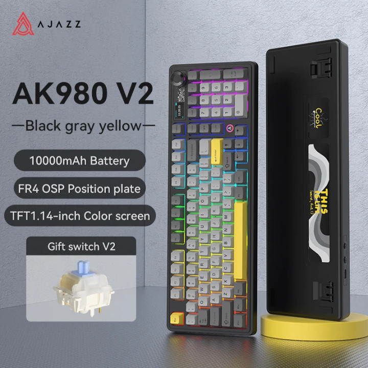 Безжична геймърска механична клавиатура Ajazz AK980 V2 - Gift Switch [Linear] (English US), Black, Gray - AJ-AK980-V2-GS-BK