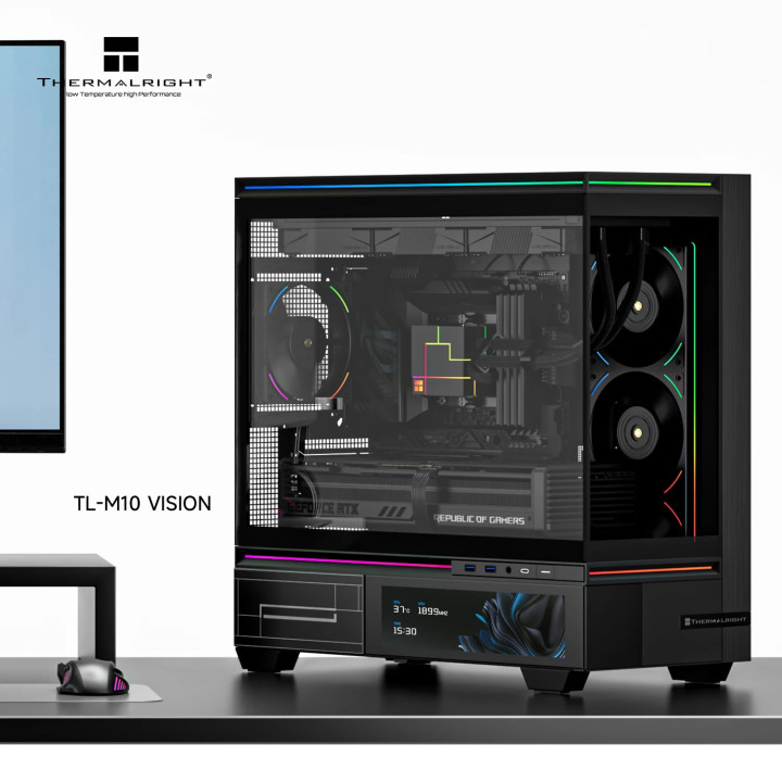 Кутия за компютър Thermalright TL-M10 Vision Black, 4бр ARGB 120mm вентилатори, 9.16 inch LCD Display, USB-C, mATX - TL-M10-VISION-BK-FAN4-M