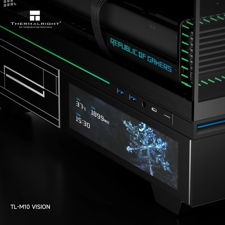 Кутия за компютър Thermalright TL-M10 Vision Black, 4бр ARGB 120mm вентилатори, 9.16 inch LCD Display, USB-C, mATX - TL-M10-VISION-BK-FAN4-M