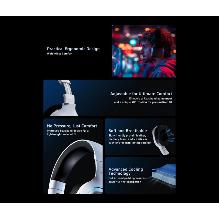 Bluetooth геймърски слушалки ATK M1 Mercury White - Bluetooth 5.3, 2.4G, ENC, Virtual 7.1 Surround - M1-MERCURY-WH