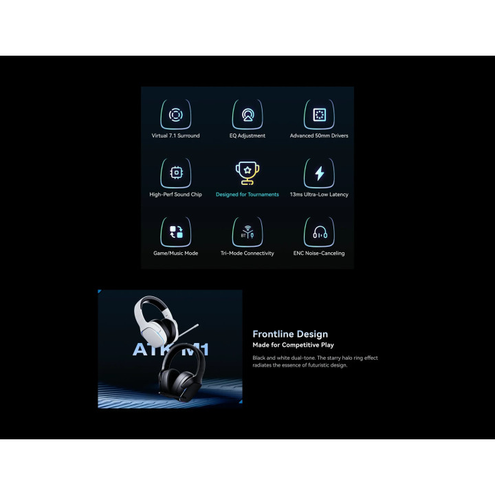 Bluetooth геймърски слушалки ATK M1 Mercury White - Bluetooth 5.3, 2.4G, ENC, Virtual 7.1 Surround - M1-MERCURY-WH
