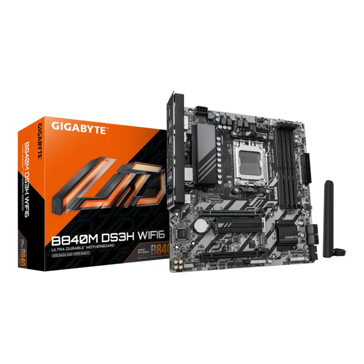 Дънна платка GIGABYTE B840M DS3H WiFi6 (Rev. 1.1), AMD Socket AM5, Micro ATX, 4x DDR5, 2x M.2 PCIe 4.0, 4x SATA3, Wi-Fi 6, 2.5Gb