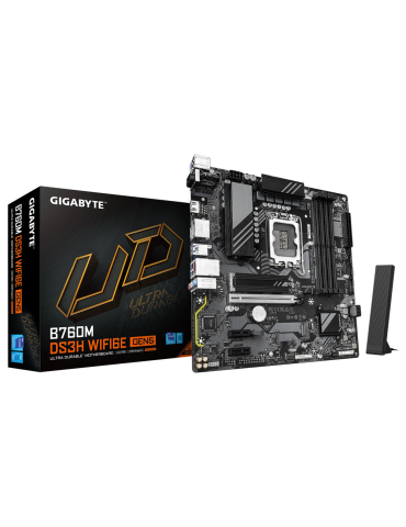 Дънна платка GIGABYTE B760M DS3H WiFi6E Gen5, Intel B760, LGA1700, Micro ATX, 4xDDR5, 2xM.2, 4xSATA, WiFi 6E, Bluetooth 5.3 - 1