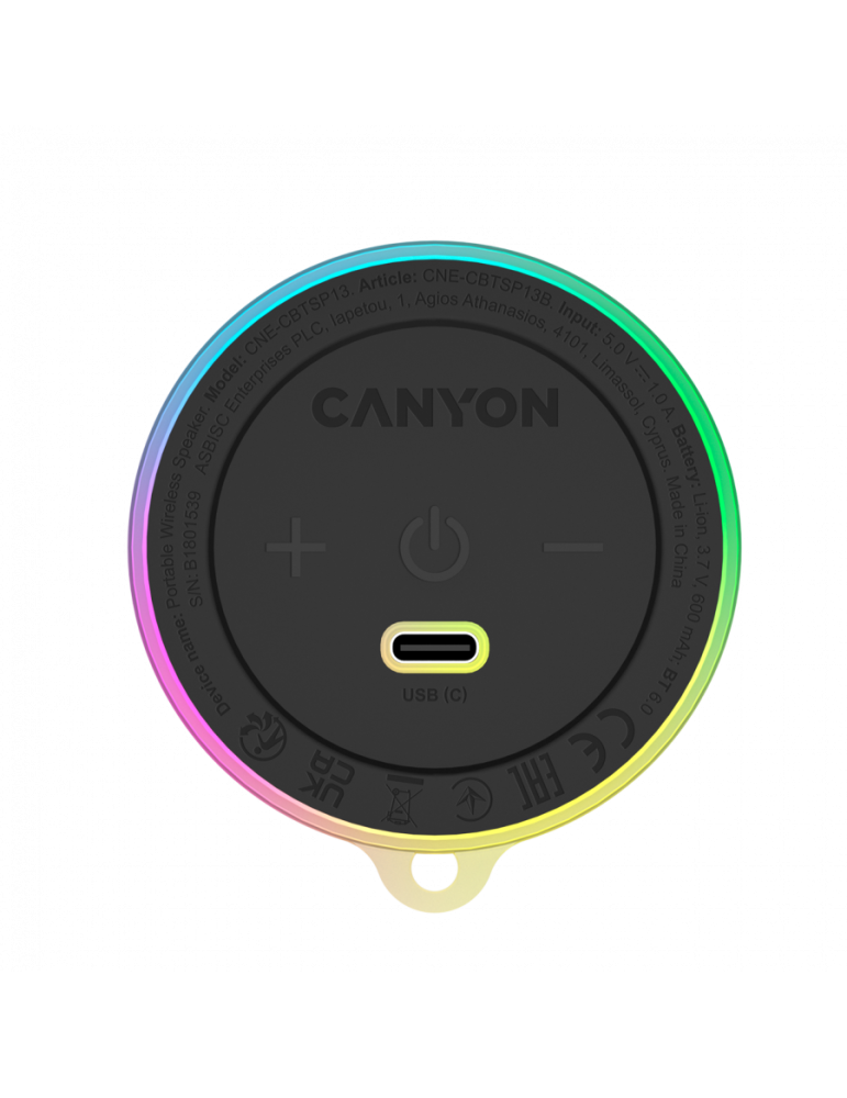 Преносима Bluetooth колонка CANYON OnMove 13, 5W, Magnetic Mount, RGB Light, Bluetooth 6.0, 600mAh - CNE-CBTSP13B - 2