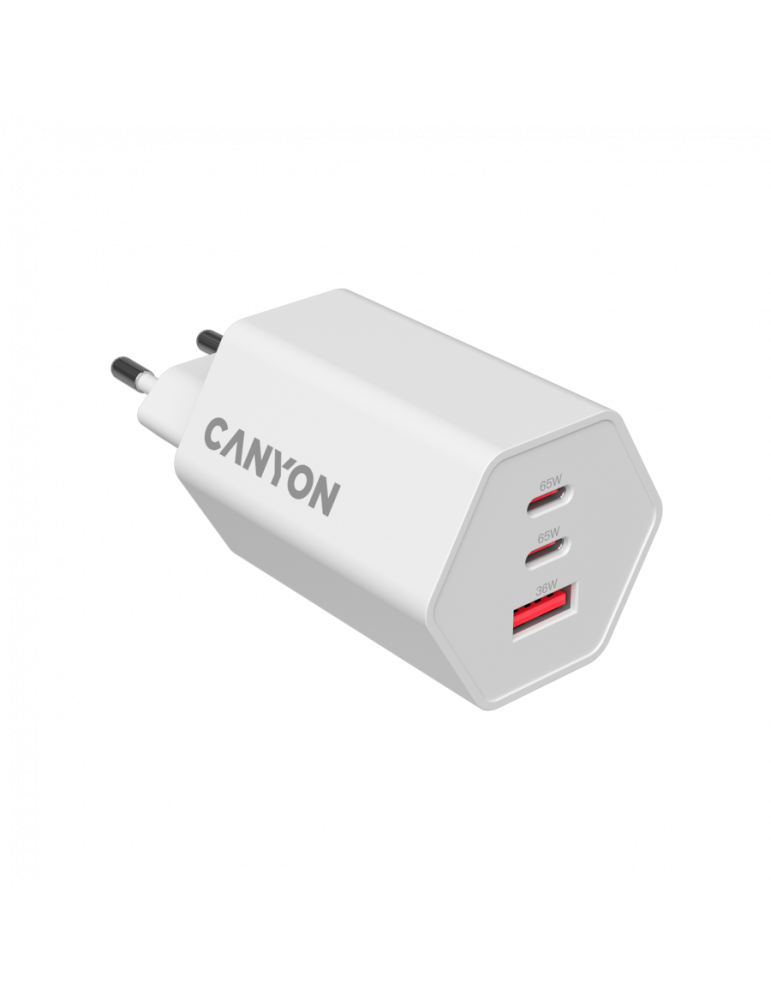 Захранващ адаптер CANYON Hexagon 65, 65W GaN, 2x USB-C PD, 1x USB-A QC, EU - CND-CHAHEX65W - 3