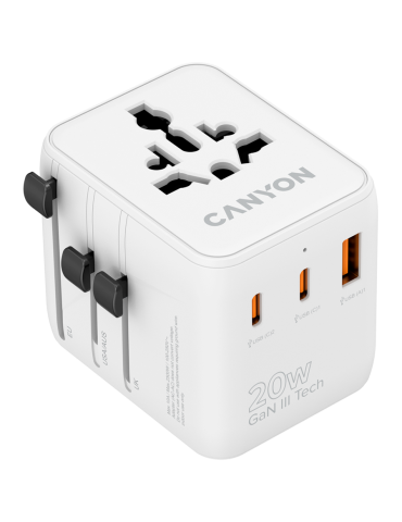 Захранващ адаптер CANYON OnTour One, 20W, EU/UK/US/AUS, 3 портала USB/USB-C, GaN Technology, бял - CNS-TA20W1005W - 1