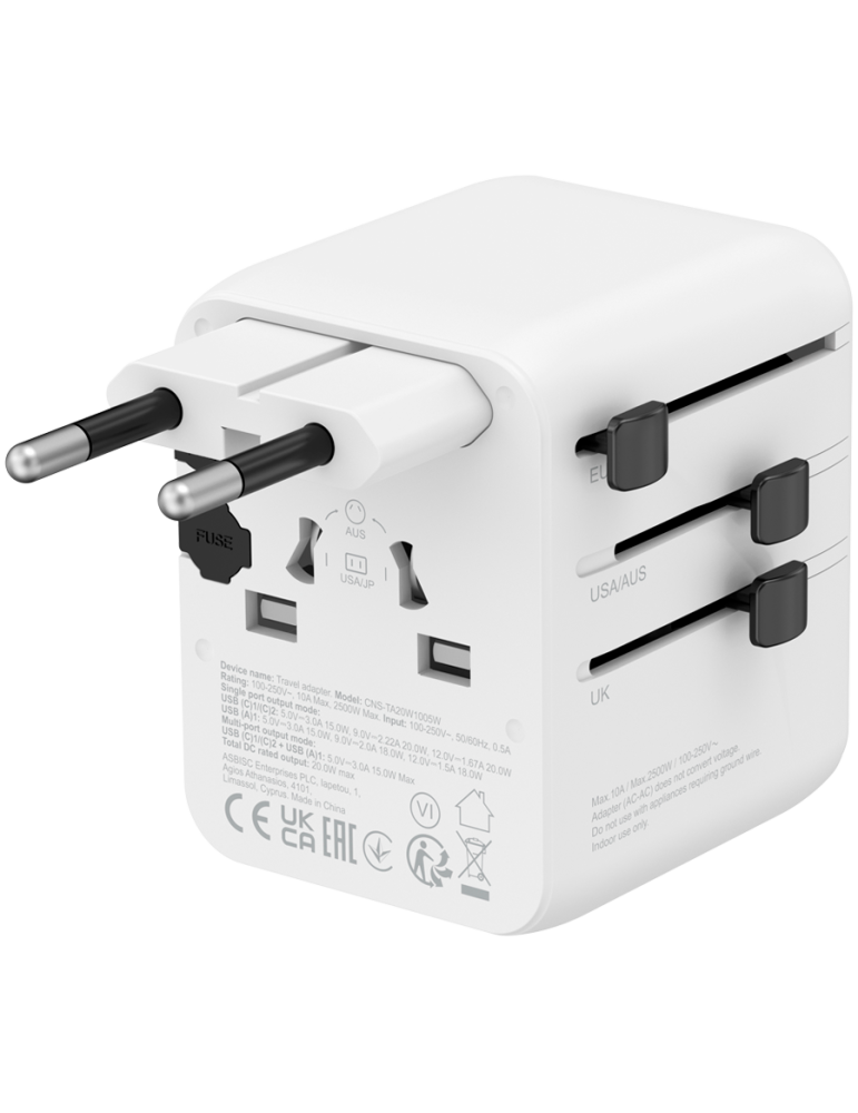 Захранващ адаптер CANYON OnTour One, 20W, EU/UK/US/AUS, 3 портала USB/USB-C, GaN Technology, бял - CNS-TA20W1005W - 2