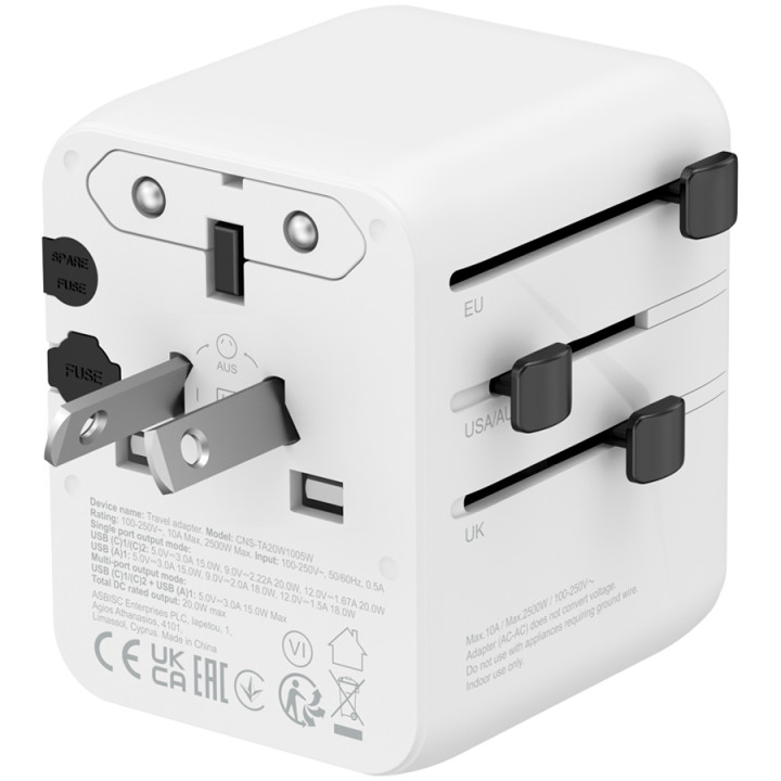Захранващ адаптер CANYON OnTour One, 20W, EU/UK/US/AUS, 3 портала USB/USB-C, GaN Technology, бял - CNS-TA20W1005W - 4