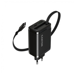 Захранващ адаптер CANYON OnCharge 65RC, 65W USB-C/USB-A, GaN Technology, Power Delivery, Quick Charge, Вграден кабел - CNS-CURC6