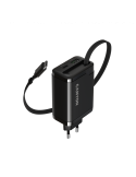 Захранващ адаптер CANYON OnCharge 65RC, 65W USB-C/USB-A, GaN Technology, Power Delivery, Quick Charge, Вграден кабел - CNS-CURC6