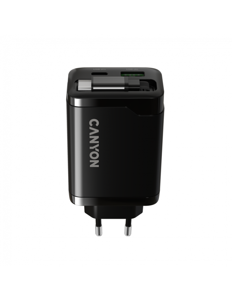 Захранващ адаптер CANYON OnCharge 65RC, 65W USB-C/USB-A, GaN Technology, Power Delivery, Quick Charge, Вграден кабел - CNS-CURC6