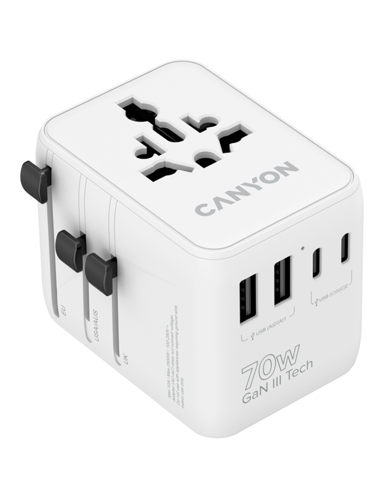 Захранващ адаптер CANYON OnTour 70, 70W, 5 конектора (3x USB-C, 2x USB-A), EU/UK/US/AUS, GaN Technology - CNS-TA70W1006W - 1