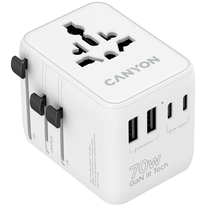 Захранващ адаптер CANYON OnTour 70, 70W, 5 конектора (3x USB-C, 2x USB-A), EU/UK/US/AUS, GaN Technology - CNS-TA70W1006W - 1