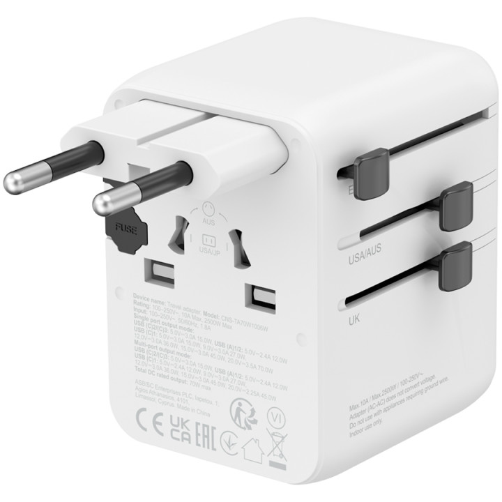Захранващ адаптер CANYON OnTour 70, 70W, 5 конектора (3x USB-C, 2x USB-A), EU/UK/US/AUS, GaN Technology - CNS-TA70W1006W - 3