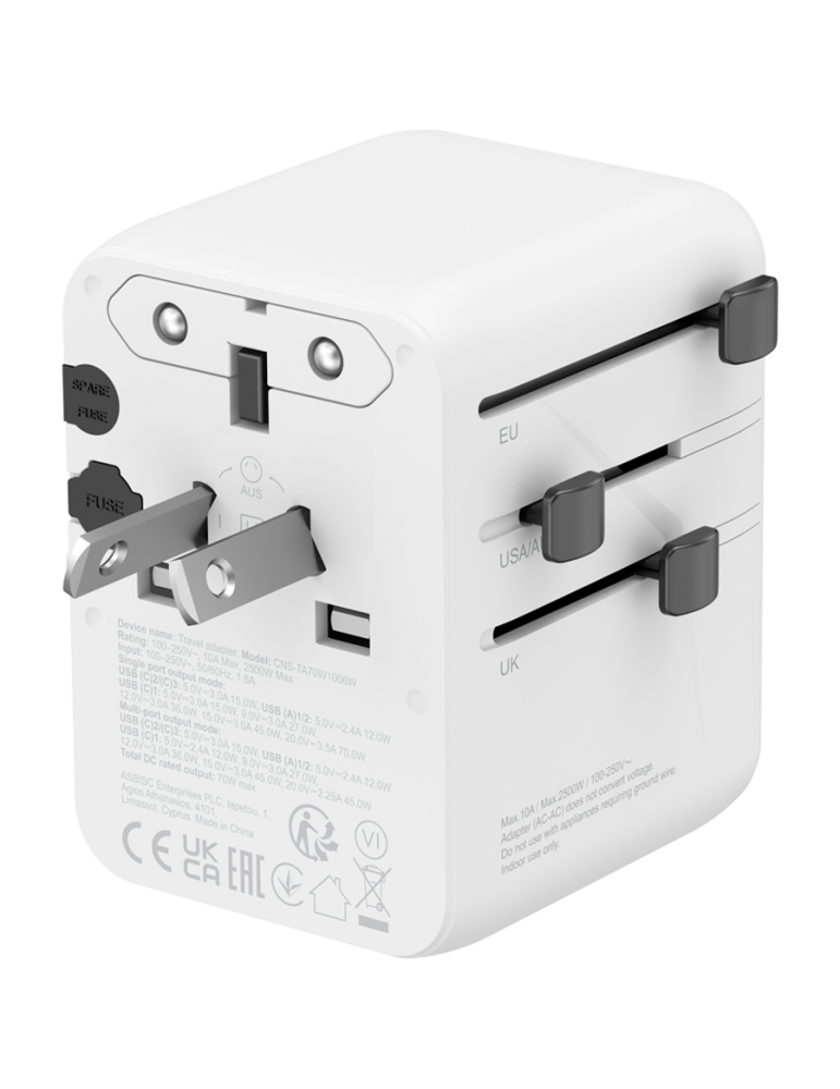 Захранващ адаптер CANYON OnTour 70, 70W, 5 конектора (3x USB-C, 2x USB-A), EU/UK/US/AUS, GaN Technology - CNS-TA70W1006W - 4