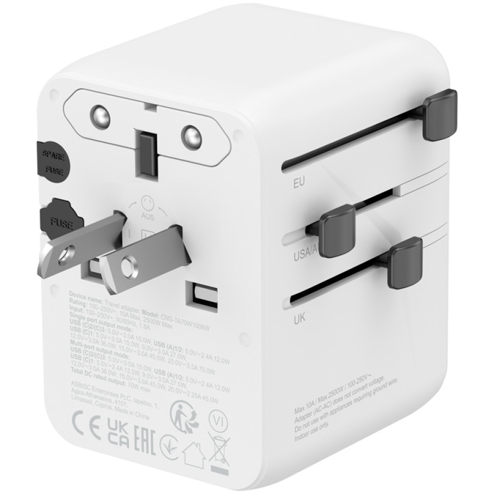 Захранващ адаптер CANYON OnTour 70, 70W, 5 конектора (3x USB-C, 2x USB-A), EU/UK/US/AUS, GaN Technology - CNS-TA70W1006W - 4