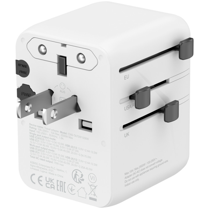 Захранващ адаптер CANYON OnTour 70, 70W, 5 конектора (3x USB-C, 2x USB-A), EU/UK/US/AUS, GaN Technology - CNS-TA70W1006W - 5