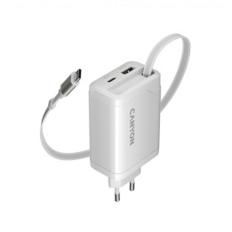 Захранващ адаптер CANYON OnCharge 65RC, 65W USB-C/USB-A, Power Delivery, GaN Technology, Вграден кабел, EU - CNS-CURC65ACW - 1
