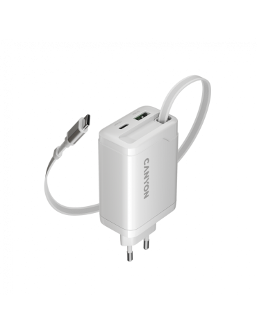 Захранващ адаптер CANYON OnCharge 65RC, 65W USB-C/USB-A, Power Delivery, GaN Technology, Вграден кабел, EU - CNS-CURC65ACW - 1