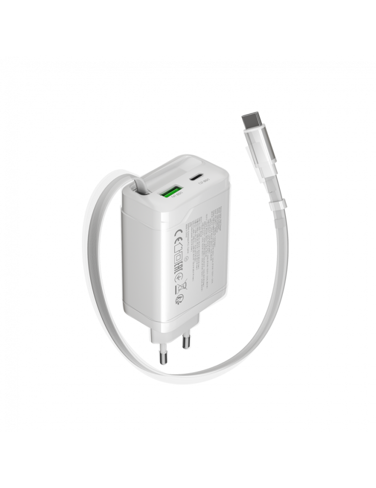 Захранващ адаптер CANYON OnCharge 65RC, 65W USB-C/USB-A, Power Delivery, GaN Technology, Вграден кабел, EU - CNS-CURC65ACW - 2