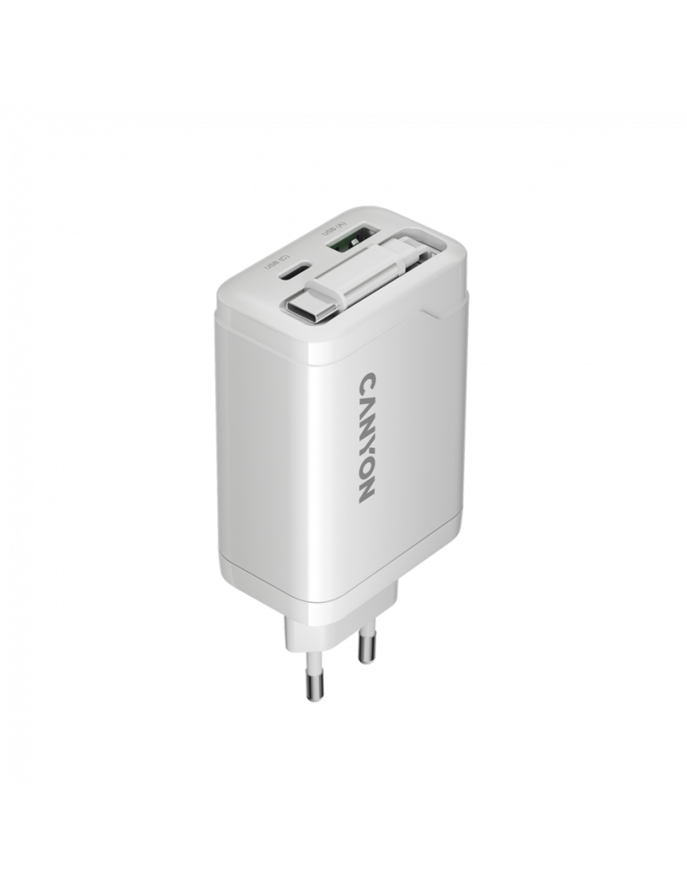 Захранващ адаптер CANYON OnCharge 65RC, 65W USB-C/USB-A, Power Delivery, GaN Technology, Вграден кабел, EU - CNS-CURC65ACW - 3