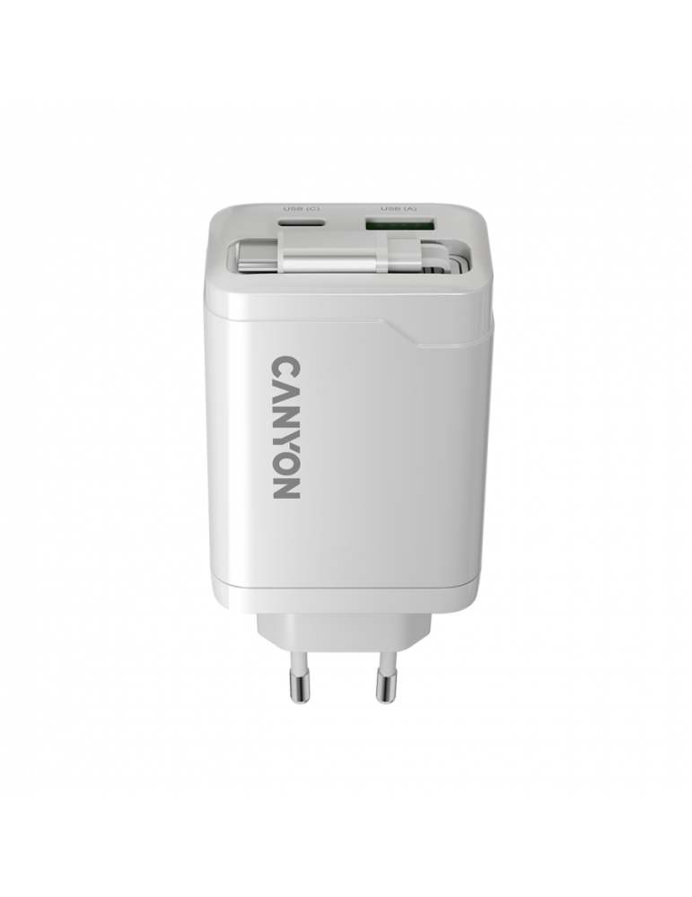 Захранващ адаптер CANYON OnCharge 65RC, 65W USB-C/USB-A, Power Delivery, GaN Technology, Вграден кабел, EU - CNS-CURC65ACW - 4