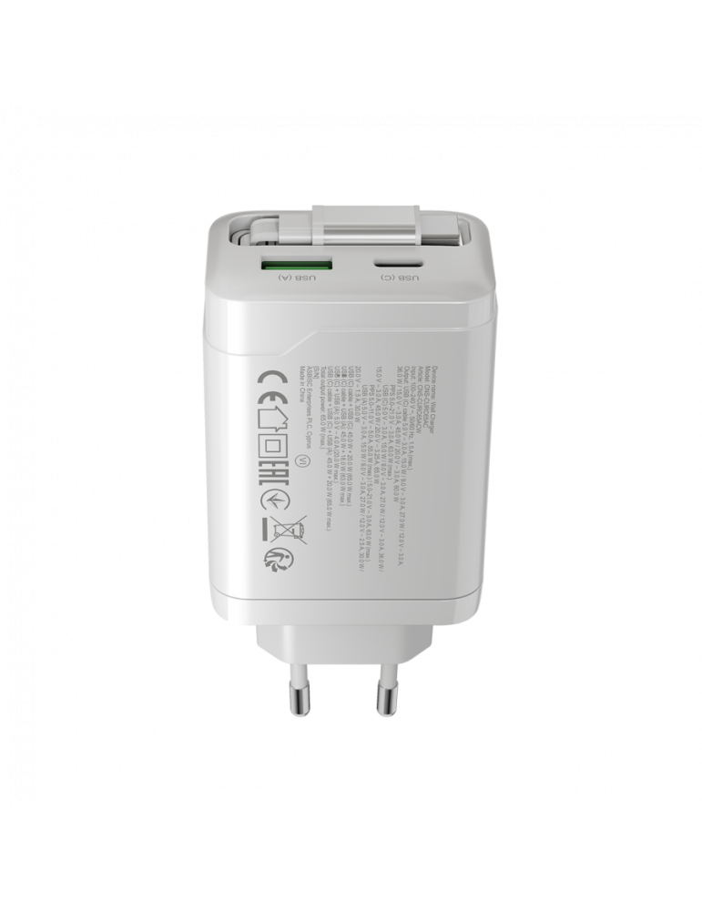 Захранващ адаптер CANYON OnCharge 65RC, 65W USB-C/USB-A, Power Delivery, GaN Technology, Вграден кабел, EU - CNS-CURC65ACW - 5
