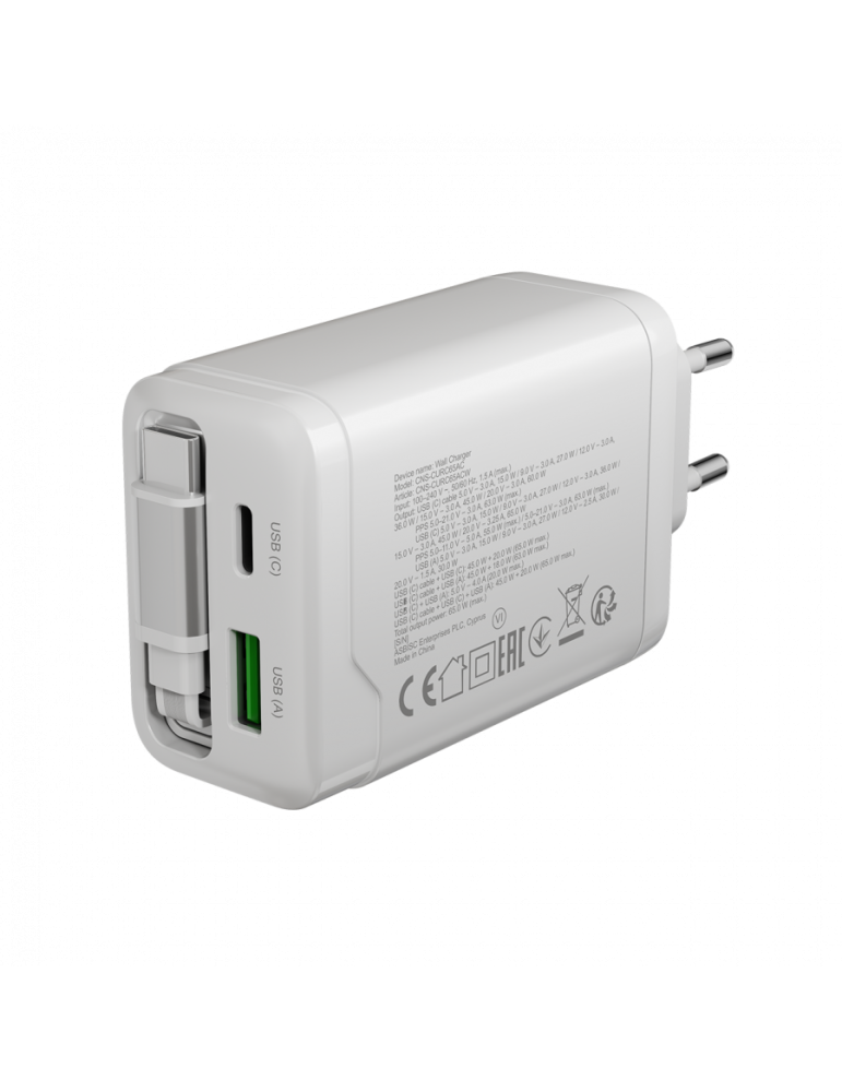 Захранващ адаптер CANYON OnCharge 65RC, 65W USB-C/USB-A, Power Delivery, GaN Technology, Вграден кабел, EU - CNS-CURC65ACW - 7