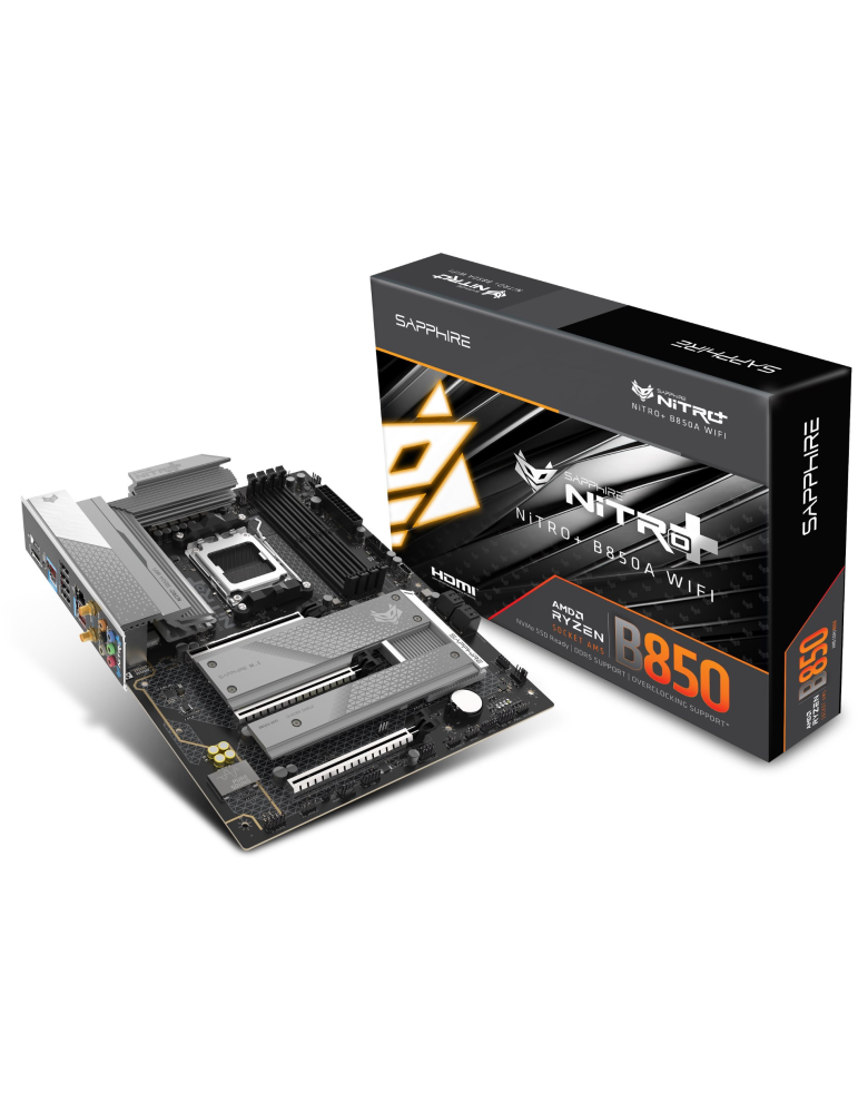 Дънна платка SAPPHIRE NITRO+ B850 AM5, AMD Ryzen Socket AM5, 4x DDR5 8000MHz, 1x M.2 Gen5, 2x M.2 Gen4, WiFi 7, 2.5Gbps LAN, ATX
