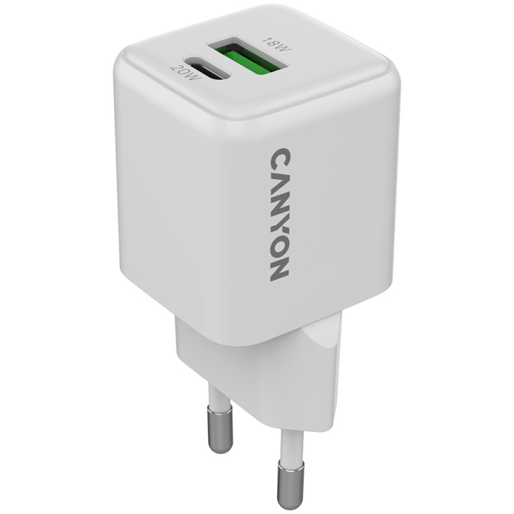 Захранващ адаптер CANYON CU20AC, 20W GaN, USB-C Power Delivery, USB-A Quick Charge - CNS-CUW20AC - 1