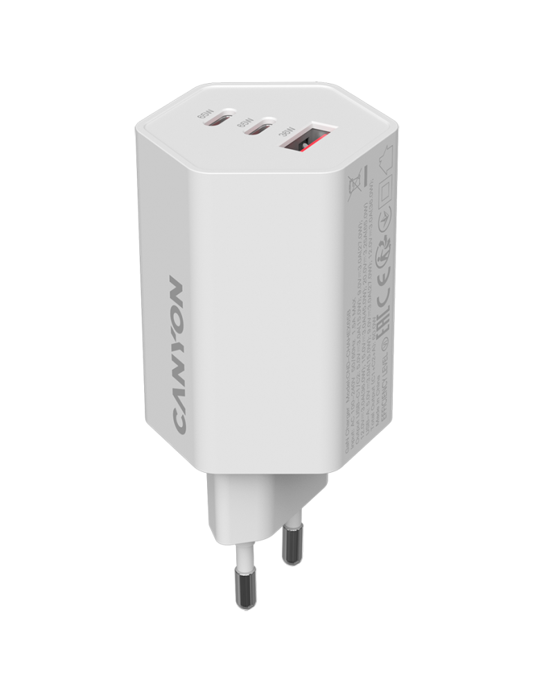 Захранващ адаптер CANYON Hexagon 65, 65W GaN, 2x USB-C PD, 1x USB-A QC, EU - CND-CHAHEX65W - 1