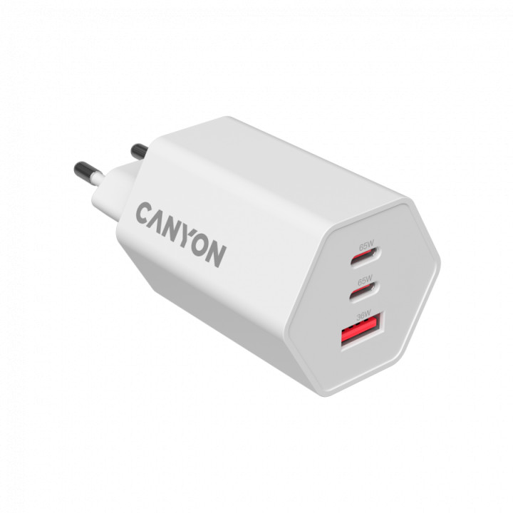 Захранващ адаптер CANYON Hexagon 65, 65W GaN, 2x USB-C PD, 1x USB-A QC, EU - CND-CHAHEX65W - 3