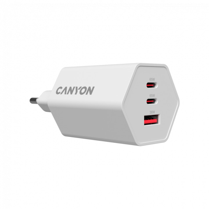 Захранващ адаптер CANYON Hexagon 65, 65W GaN, 2x USB-C PD, 1x USB-A QC, EU - CND-CHAHEX65W - 4