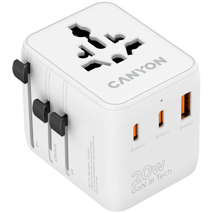 Захранващ адаптер CANYON OnTour One, 20W, EU/UK/US/AUS, 3 портала USB/USB-C, GaN Technology, бял - CNS-TA20W1005W - 1