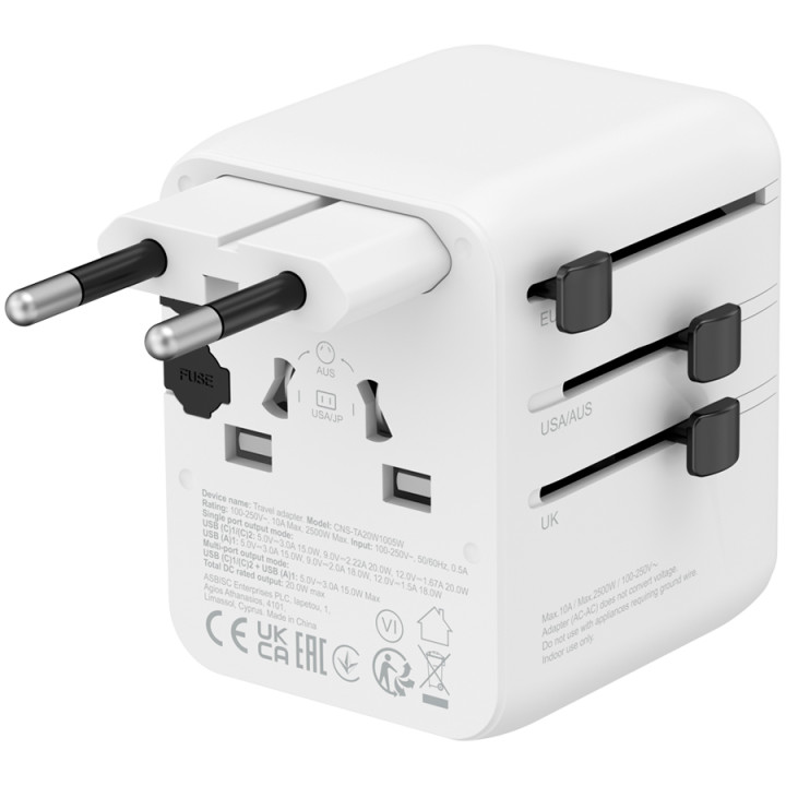 Захранващ адаптер CANYON OnTour One, 20W, EU/UK/US/AUS, 3 портала USB/USB-C, GaN Technology, бял - CNS-TA20W1005W - 2