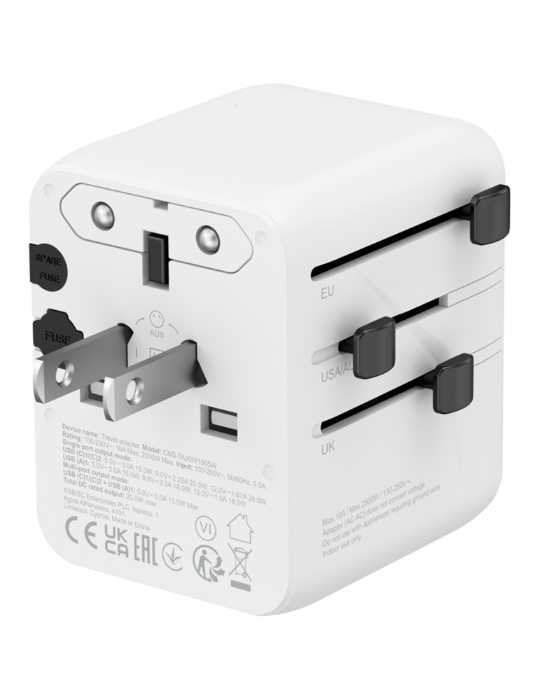 Захранващ адаптер CANYON OnTour One, 20W, EU/UK/US/AUS, 3 портала USB/USB-C, GaN Technology, бял - CNS-TA20W1005W - 3