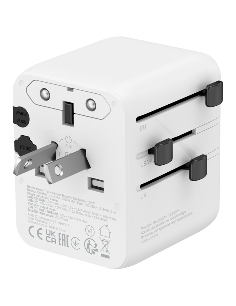 Захранващ адаптер CANYON OnTour One, 20W, EU/UK/US/AUS, 3 портала USB/USB-C, GaN Technology, бял - CNS-TA20W1005W - 4