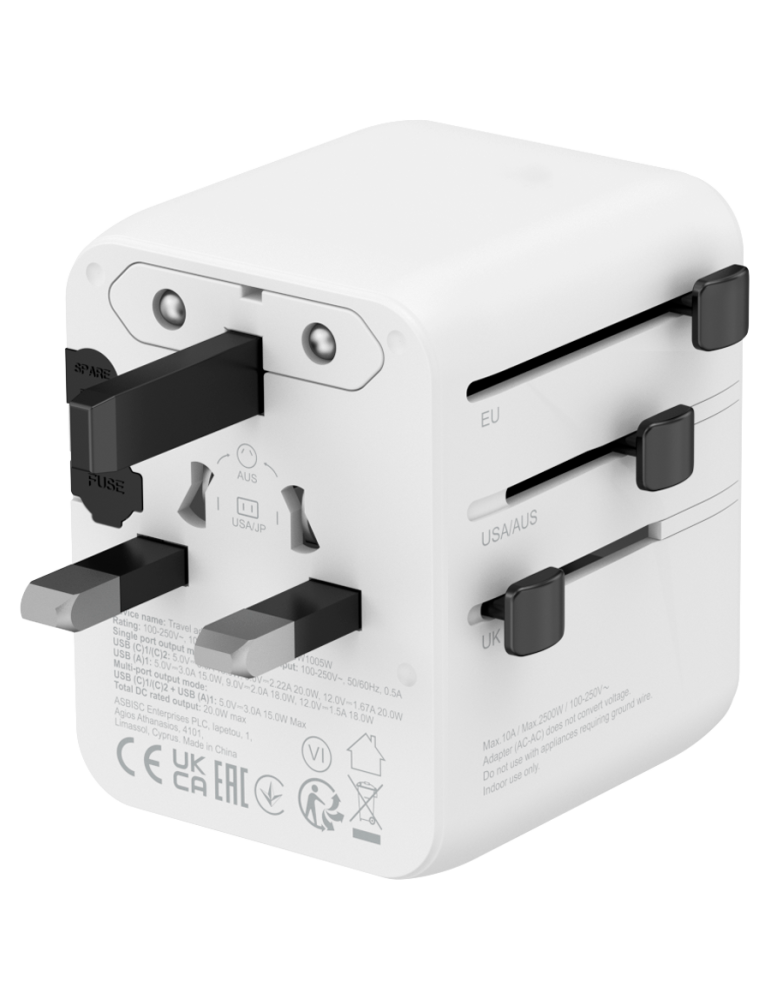 Захранващ адаптер CANYON OnTour One, 20W, EU/UK/US/AUS, 3 портала USB/USB-C, GaN Technology, бял - CNS-TA20W1005W - 5