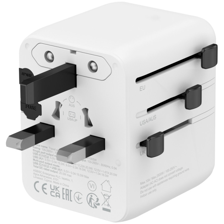 Захранващ адаптер CANYON OnTour One, 20W, EU/UK/US/AUS, 3 портала USB/USB-C, GaN Technology, бял - CNS-TA20W1005W - 5