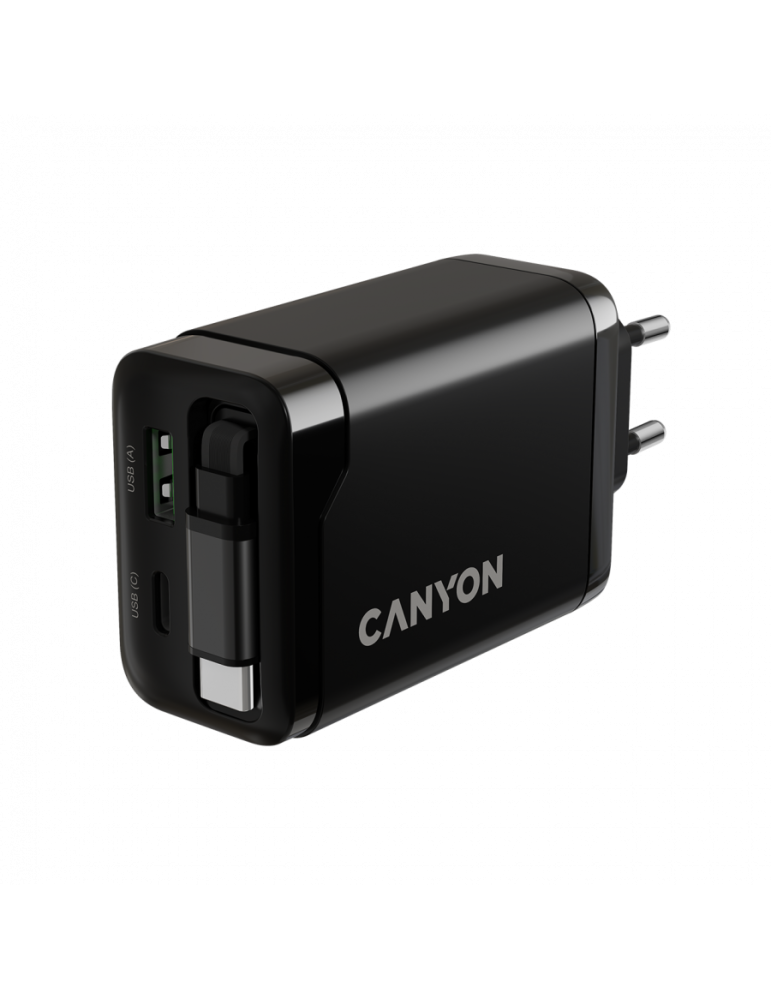 Захранващ адаптер CANYON OnCharge 65RC, 65W USB-C/USB-A, GaN Technology, Power Delivery, Quick Charge, Вграден кабел - CNS-CURC6