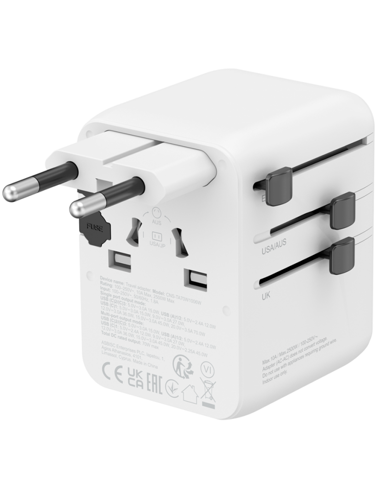 Захранващ адаптер CANYON OnTour 70, 70W, 5 конектора (3x USB-C, 2x USB-A), EU/UK/US/AUS, GaN Technology - CNS-TA70W1006W - 3